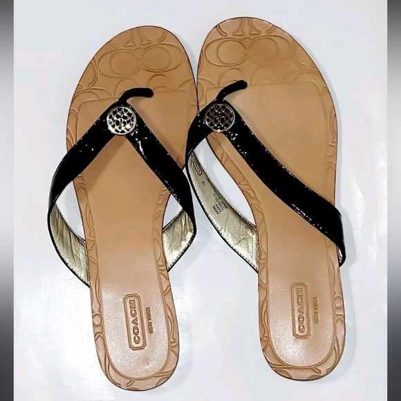 Coach Shoes - Coach Leather Sara Black Patent Leather Thong Sandals Flats Logo FlipFlop Wms9